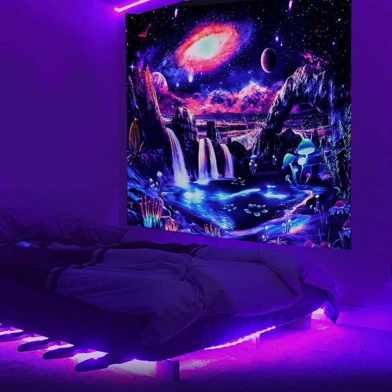 FENDROM Blacklight Galaxy Planet Tapestry UV Reactive Waterfall Landscape Tapestries