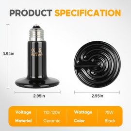 HealSmart 75W Reptile Heat Lamp Ceramic Heat Emitter, No Light Emitting Heat Bulbs, Suitable for Snake/Lizard/Spider, Plant Growth and Incubating Chicken, 2-Pack