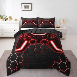 Erosebridal Gamer Bedding Set Black Red Gaming Twin Comforter Set for Boys Teen Honeycomb Game Console Teen Boy Bedding Video Game Room Decor,Neon Geometric Gamepad Quilt Soft Lightweight 2 Pcs