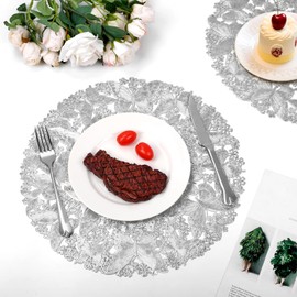 fanquare Round Place Mats Set of 6 Elegant Silver Butterfly Flowers PVC Place Mats Heat Resistant Wipe Clean Place Mats for Home Dining 38 cm