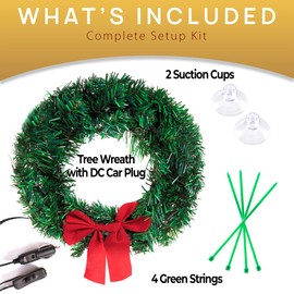 Vaygway Car Christmas Wreath with Red Bow-12 Volt White LED Lights Plug in Festival Decoration, 2 Suction Cup, 4 Color Tie Wrap for Car Décor, Front Door, Garden, Home- Mounts to Front Grille