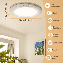Rechargeable Motion Sensor Ceiling Light, Battery-Powered LED Ceiling Light, 7'' Magnetic Closet Lights with 3 Colors, Motion-Activated for Pantry, Shed, Shower