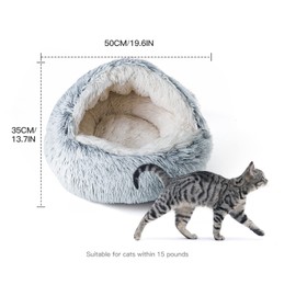 CATISM Cat Bed for Indoor Cats, Cute Cat House with Warm Hooded Plush Cat Cushion, Simi-enclose Cat Bed Cave for Cats and Small Dogs, Gray (20 * 14 Inches)