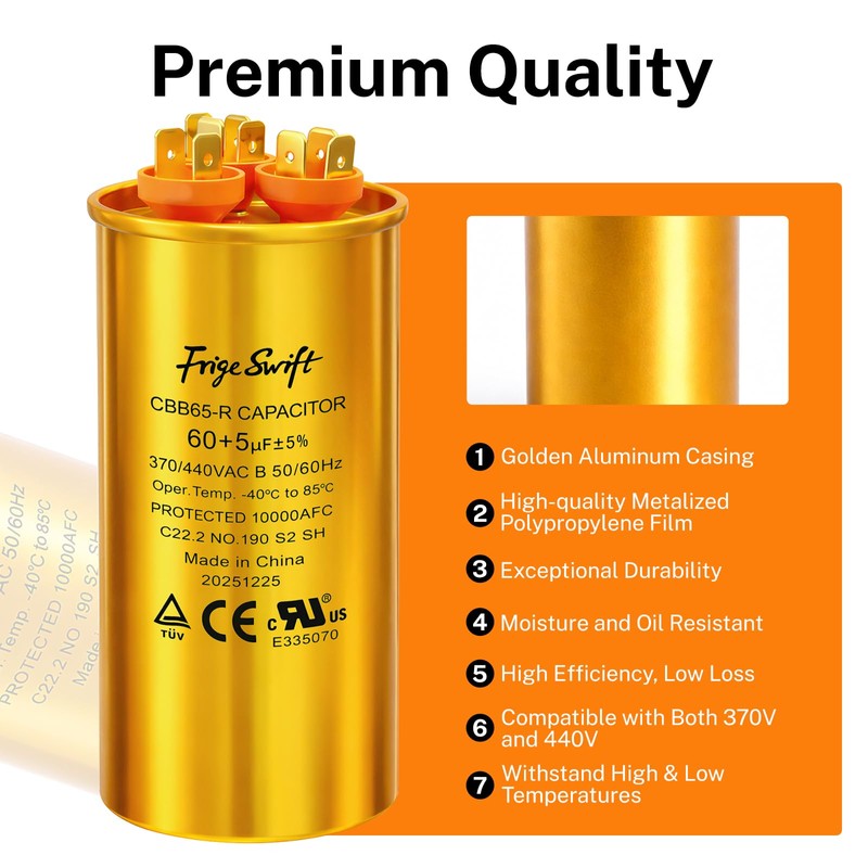 FrigeSwift 60+5 uF CBB65 Dual Run Capacitor 370/440VAC 2-Pack