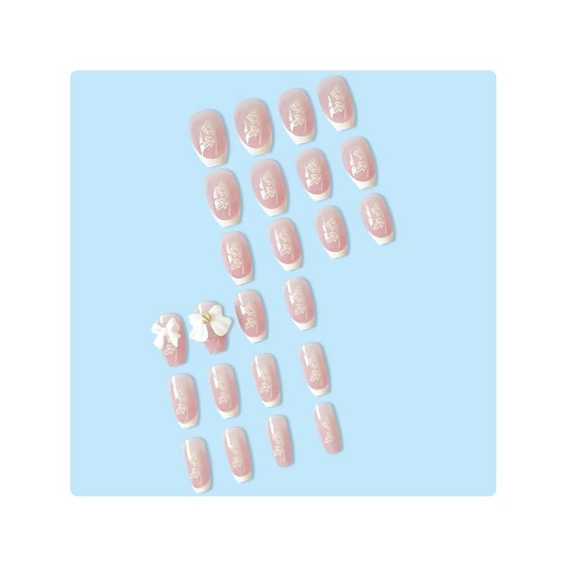 24pcs Coffin False Nail White 3D Bowknot Decor Nail with
