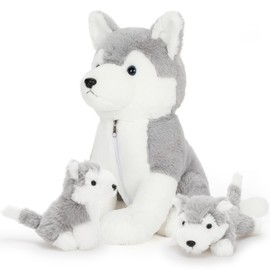Muiteiur 16inch Dog Stuffed Animal, Soft Plush Husky Zippered Belly Inside with 2 Cute Puppy, Stuffed Animal Gift for Kids Boys Girls