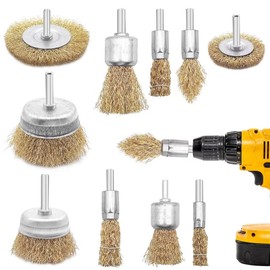 Drahtbürsten-Set für Bohrer, Messingbeschichtete Drahtbürsten für Bohrer und Topfbürste, 6,35 mm Schaft, Drahtrad für Bohraufsatz zum Entfernen von Rost-Korrosionsfarbe, 8 Größen, Gold, 10-teilig