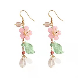 Pink Flower Dangle Earrings Sakura Earrings Cherry Blossoms Floral tassel Earrings Elegant Petal Leaf Long Drop Earrings for Women Fairy Style Jewelry-sakura long