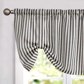 jinchan Tie Up Valance Linen Textured Striped Tie Curtain for Kitchen Bathroom Rod Pocket Pinstripe Valance Window Treatments Ticking Stripe Pull Cord Valance 1 Panel 18 Inch Charcoal Grey on Beige