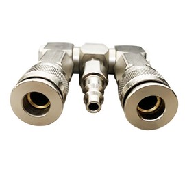 Air hose Splitter2 Way Air Hose Splitter,360 degree rotary air hose connector, 1/4 air hose fittings1 piece 1/4" NPT inlet with 2 pieces 1/4" NPT outlets ,1500psi