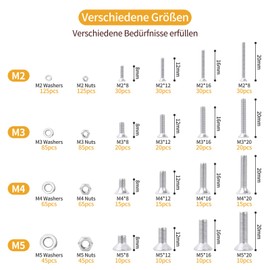 VIGRUE 940-Piece Screw Set, M2 / M3 / M4 / M5 Stainless Steel Hex and Flat Head Screw Set