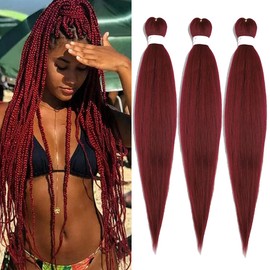 Pre Stretched Braiding Hair Extensions 3 Packs 26 Inch Burgundy Braiding Hair Synthetic Braids Hair Extension for Women Hot Water Setting(26Inch,900#)