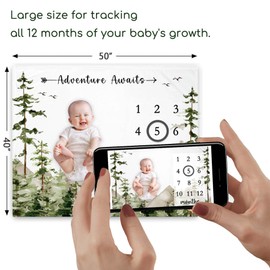 Yuzioey Adventure Awaits Baby Milestone Blanket with Birth Stat Sign, Mountain Baby Growth Chart Monthly Blanket, Watch Me Grow Adventure Baby Nursery for New Moms Baby Shower(50"x40")
