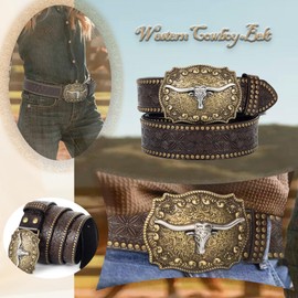 Bawnhaw Western Classic Cowboy-Belt Country Rodeo-Cowgirl-Belts for Men Women Big-Buckle Longhorn-Skull-Bull PU-Leather - Waist 35-38"， Coffee