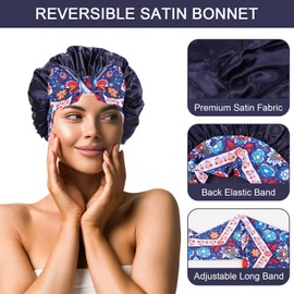 Silk Bonnet for Sleeping Satin Bonnet Hair Bonnet Hair Wrap for Bath, Shower Cap Tie Band for Women Girls Long Curly Hair Sleeping (Navy)