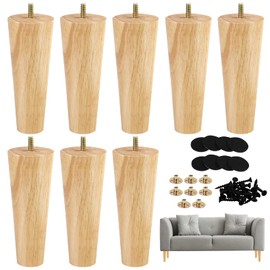 Ruisita 8 Pieces Furniture Couch Legs 6 Inch Round Solid Wood Sofa Legs Natural Wooden Couch Legs Replacement Legs for Armchair, Cabinet, Chair, Footstool, Mid Century Modern Dresser, Natural Wood