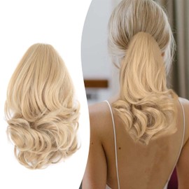 Gairyan 10" Clip in Ponytail Hair Extensions Curly Ponytail Extension Claw on Pony tails Wavy Synthetic Hairpieces for Women Real Natural Short Wave, Ash Blonde mix Bleach Blonde