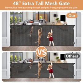 48” Tall 145” Wide Baby Gate Retractable Dog Gate Outdoor Retractable Gate for Dogs Extra Tall Pet Gate Indoor Dog Gate for Doorway Extra Wide Baby Gate No Bottom Bar Mesh Gates for Kids or Pets Black