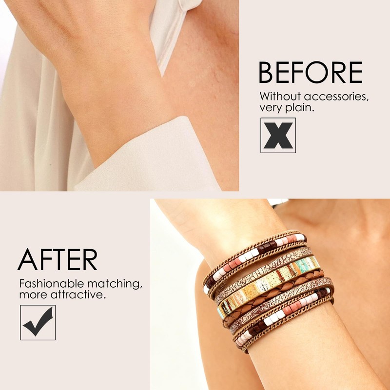 JAVMOO Leather Wrap Bracelets for Women Boho Multi-Layer Cuff Bangle