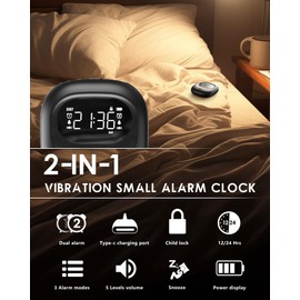 Kleiner Vibrationswecker für das Schlafzimmer, 3 Alarmmodi, einstellbare Lautstärke, Typ-C-Ladegerät, Doppelalarm, Snooze, 12/24H, DST, Wochentag/Wochenende, Digital Uhr für Reisen, Kinder, Gehörloseg