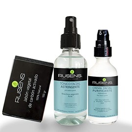 Rusens - Kit Antiacné, Regula la Producción de Grasa y Elimina Imperfecciones. Contiene Jabón de Carbón Activado, Tónico Astringente y Crema Purifican