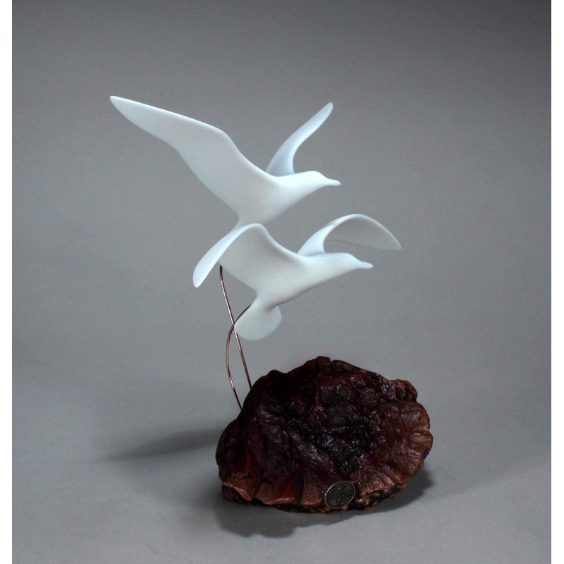 Seagull Pair Sculpture by John Perry Medium version Burl base