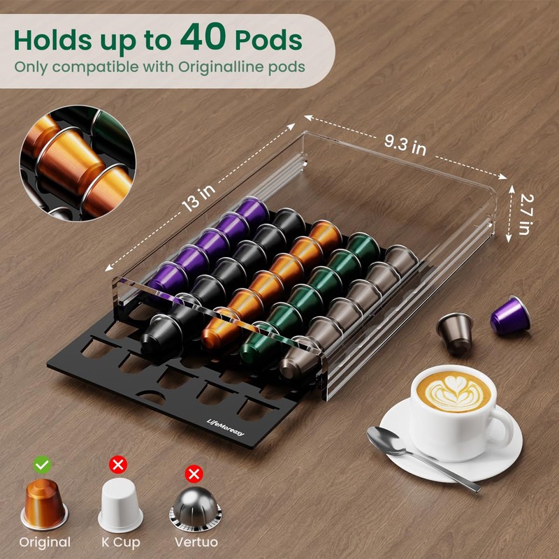 Acrylic Coffee Pod Holder for Nespresso OriginalLine Capsules, 40 Pods