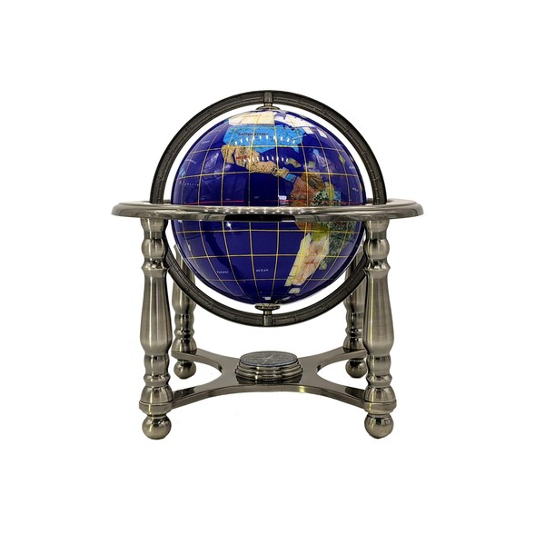 Unique Art Since 1996 10" Tall Blue Lapis Ocean 4-Leg Silver Table Stand Gemstone World Map Globe
