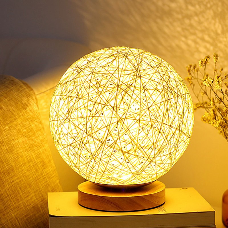 LED Bedside Table Lamp Dimmable 3W Creative USB Rattan Ball