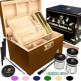 Premium Large Bamboo Storage Box with Removable Tray - Storage Wood Box for Herbs and Accessories - Storage Box Set with Combination Lock - Smell Proof Container with Accessories