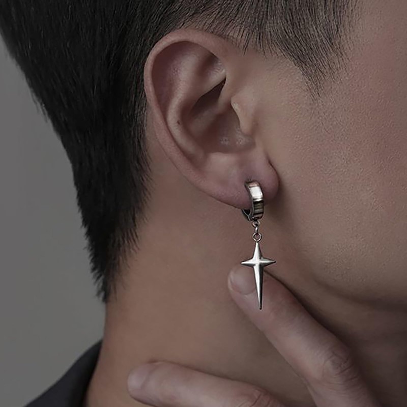 Silver Plated Star Hoop Earrings for Men Punk Star Dangle