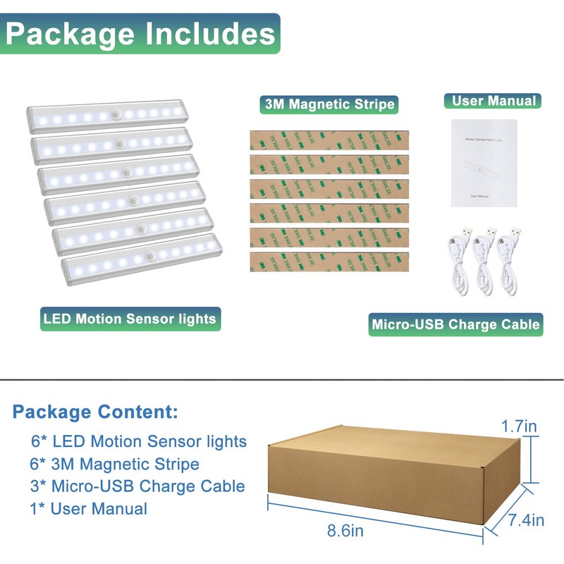 Closet Lights Motion Sensor 6 Pack Rechargeable, Wireless LED Under