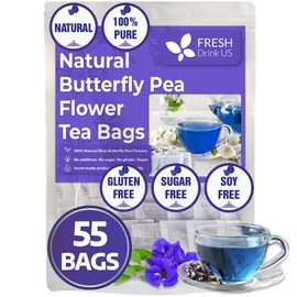 FRESHDRINKUS FreshDrinkUS, Premium 55 Butterfly Pea Tea Bags, 100% Natural and Pure from Butterfly Pea Flowers, Hand-made, Made With Natural Materials-Corn Fiber Tea Bag, Sugar/Caffeine/Gluten Free, Vegan