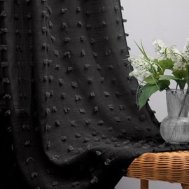 Black Curtains 96 Inches Long for Living Room 2 Panels Boho Semi Sheer Light Filtering Rod Pocket Window Drapes Pom Pom Tufted Textured Curtains for Bedroom Sliding Glass Door Large Window 8 FT