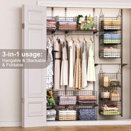 Sonyabecca 3-Tier Hanging Closet Organizer, Foldable Cabinet Wire Storage Basket Bins with 5 S Hooks, Closet Shelves & Hanging Closet Shelf for Clothing, Sweaters, Handbags, Hats