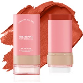 Rubor Multifuncional en Crema con Esponja Incorporada, 3 en 1 Blush en Barra, Sombra de Ojos y Labial, Textura Seda Duradera e Hidratante, Ideal para Retoques Rápidos sin Ensuciar Manos (Naranja Vibrante)