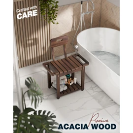 BLUEWEST 23.4'' Shower Chair with Backrest Bath Chair for Inside Shower or Tub, Heavy Duty 450 lbs Support, Non-Slip Feet, Shelf Storage, Built-in Handles for Elderly or Adults (Acacia)