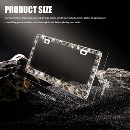 QZTYTY Bling License Plate Frame for Women, Car Plate Frame, Sparkly Rhinestone Stainless Steel License Plate Holder, License Plate Protector Car Accessories with Crystal Caps Fit Cars (Leopard print)