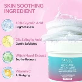 SAISZE Glycolic Acid Pads for Face Exfoliating Toner for Facial Glow with 2% Salicylic Acid Improve Pores Skin Smoothness 50 Count / 얼굴용 사이제 글리콜산 패드 2% 살리실산으로 얼굴 광채를 위한 각질 제거 토너 모공 개선 피부 매끄러움 50 카운트
