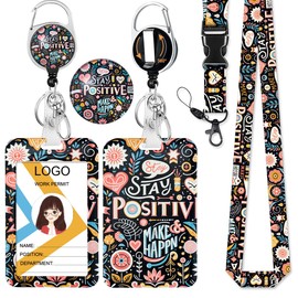 HASFINE Stay Positive Badge Holder with Breakaway Lanyard & Retractable Badge Reel with Heavy Duty Carabiner，360°Rotation Clip & Key Ring,Funny ID Card Holder for Office Work,Teacher,Student,Nurse