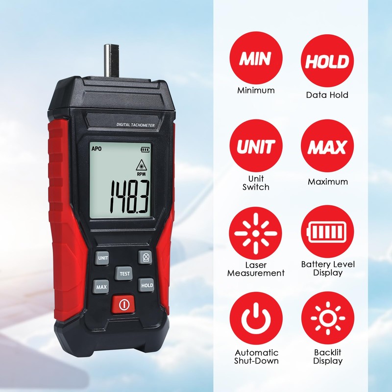JuviPerpric 2-in-1 Digital Tachometer, Handheld Contact 3~19999RPM & Non-Contact 3~99999RPM