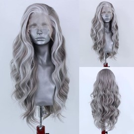 RONGDUOYI 24Inch Grey Mixed White Natural Wave Wig for Women Highlight Lace Front Wig with Natural Hairline Free Part Synthetic Daily Wear Wig,150% Density