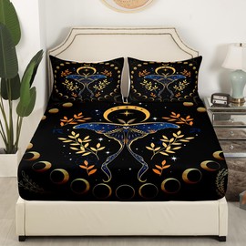 Gothic Moth Full Size Fitted Sheet,Bohemian Stars Moon Starry Galaxy Soft Luxury Bedding Set,Leaves Botanical Exotic Bed Cover All Round Elastic Pocket with 2 Pillowcases