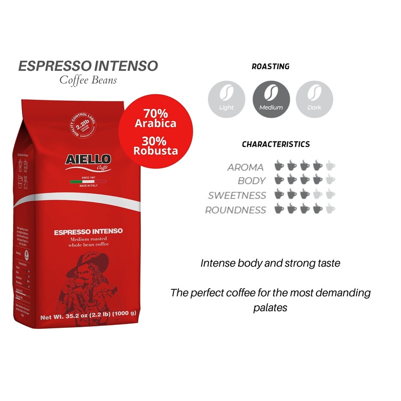 Aiello Caffe Italian Espresso Coffee Beans 2.2 LB Bag, Medium