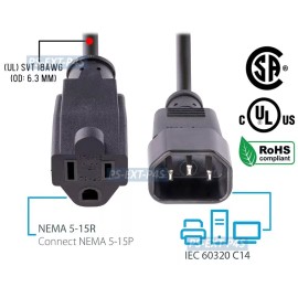 Unbranded NEMA 5-15R To IEC320 C14 Power Cable Adapter For Power Strip PDU PSU 3 Feet Long