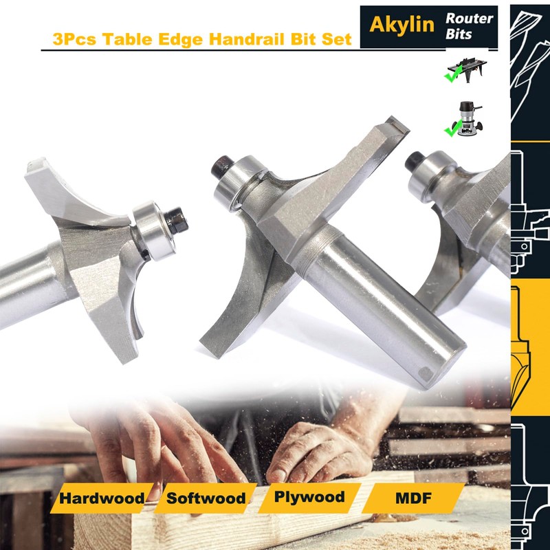 Akylin 3Pcs Table Edge and Handrail Router Bit,1/2 Inch Shank,