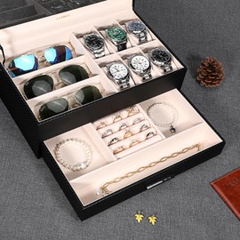 LANDICI Watch Box Organizer Jewelry Box for Men Women, 2 Layer 6 Slot PU Leather Watch Storage Case with Glass Top, Large Jewellery Display Holder for Sunglasses Necklace Earring Ring, Striped Black