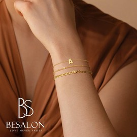 3 Pcs Gold and Silver Bracelets for Women 14K Gold Initaial Bracelet Stackable Letter Charm A-Z Monogram Bracelet Anti Tarnish Jewelry Gifts for Women, 6.2inch, Brass, No Gemstone