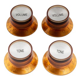 Musiclily Pro Inch Size LP Guitar Reflector Knobs 2 Volume 2 Tone Top Hat Bell Knobs Set for USA Les Paul SG Style Electric Guitar, Amber with Silver Top