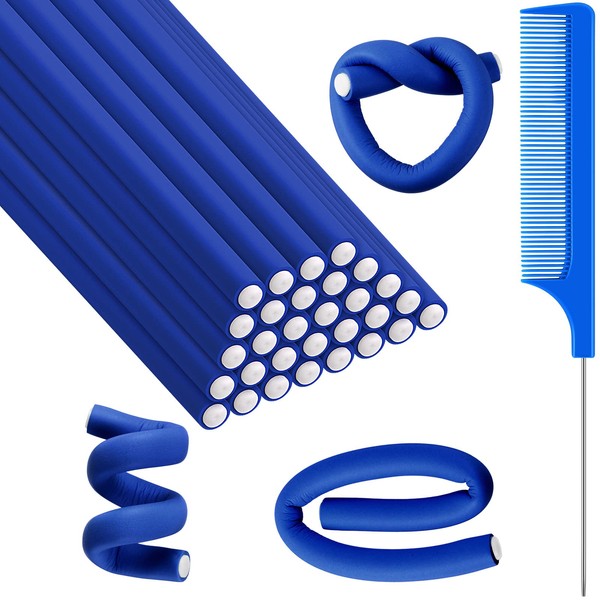 30 Pieces Flexible Curling Rods Twist Foam Hair Rollers Soft Foam No Heat Hair Rods Rollers and 1 Steel Pintail Comb Rat Tail Comb for Women Girls Long and Short Hair (Dark Blue,7 x 0.3 Inch)